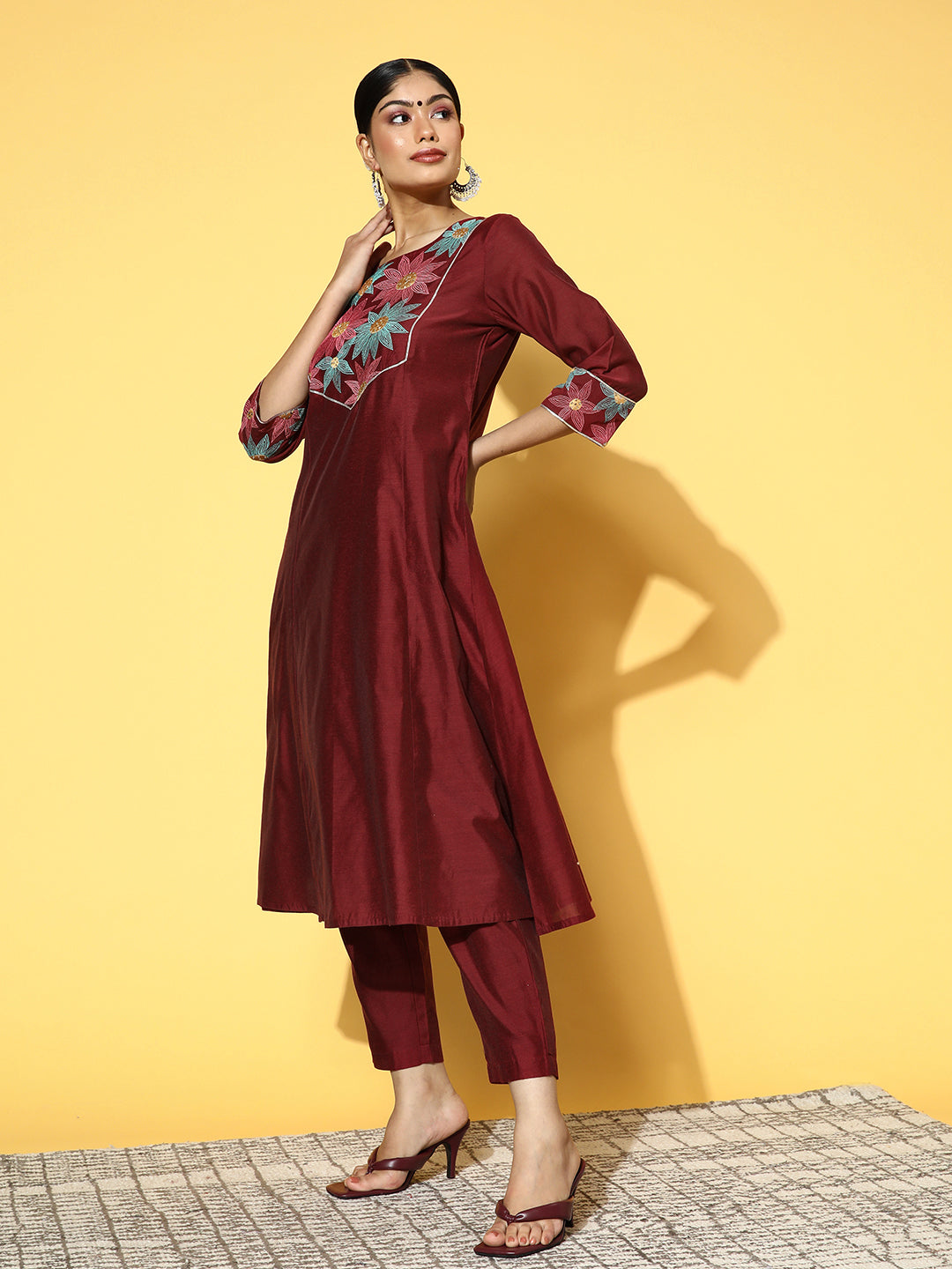 Exclusive Cotton Maroon Ikat Embroidered Kurti - Pant Optional – Sujatra